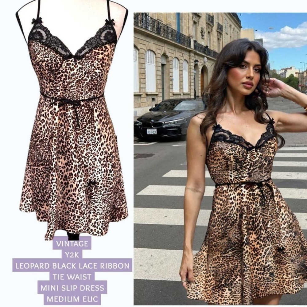 Y2K VINTAGE LEOPARD‎ BLACK LACE RIBBON SLIP DRESS MEDIUM EUC